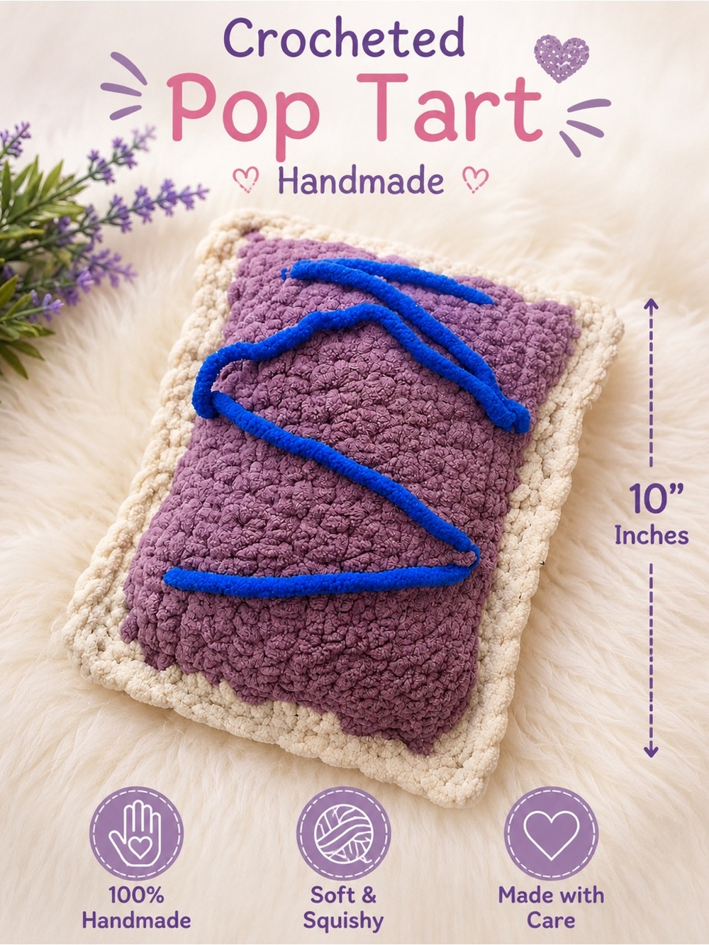 Handmade Crocheted Pop Tart Plush Pillow 10” Purple Soft Crochet Home Decor